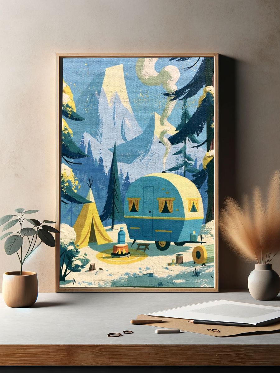 Snowy Mountain Camp Illustration Poster. — room view 2