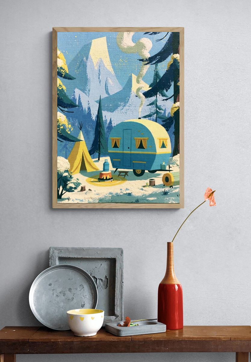 Snowy Mountain Camp Illustration Poster. — room view 3