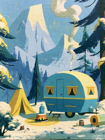 Snowy Mountain Camp Illustration Poster. poster