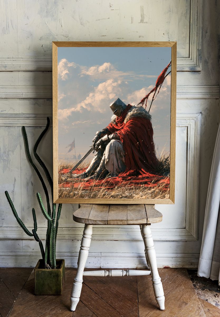 Armored Knight in Red Cloak Print. room preview