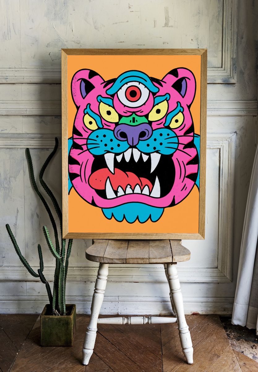 Neon Tiger Head Illustration Poster. — room view 1
