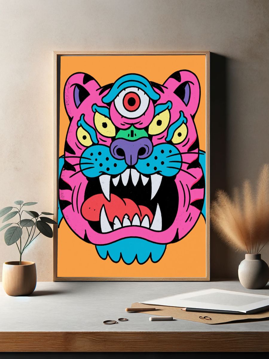 Neon Tiger Head Illustration Poster. — room view 2
