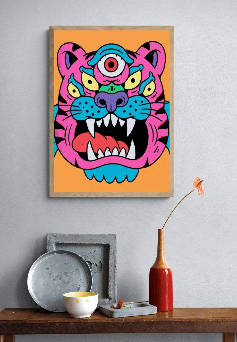 Neon Tiger Head Illustration Poster. — room view 3