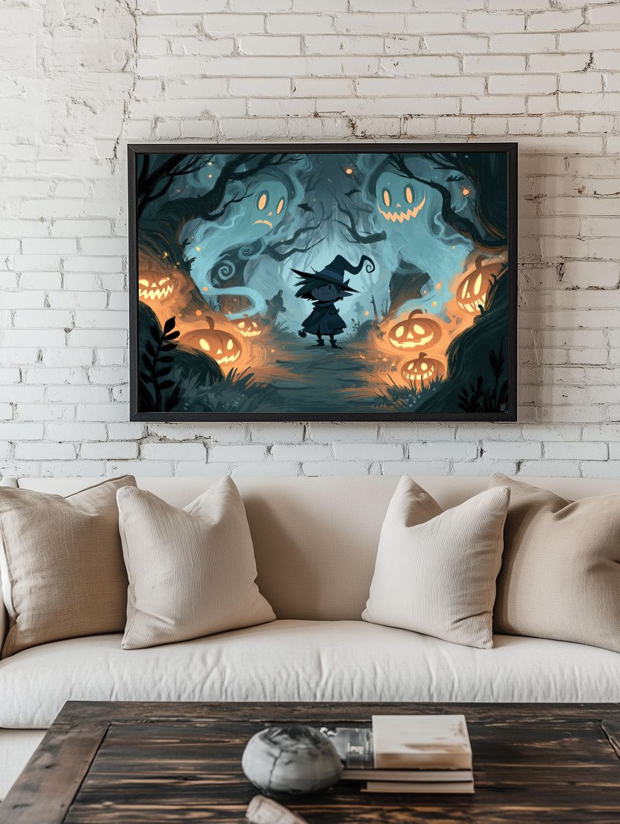 Spooky Pumpkin Forest Illustration Poster. — room view 1