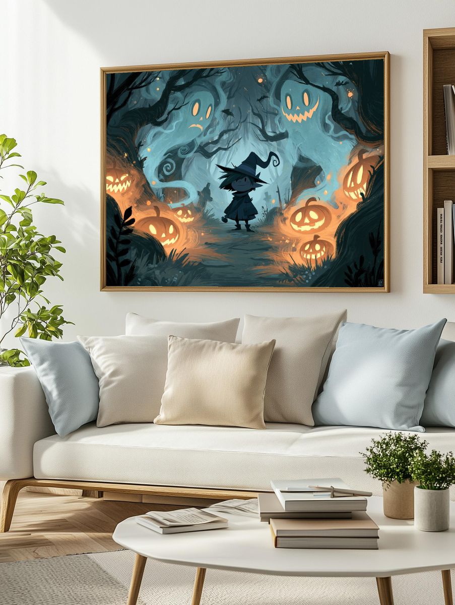 Spooky Pumpkin Forest Illustration Poster. — room view 2
