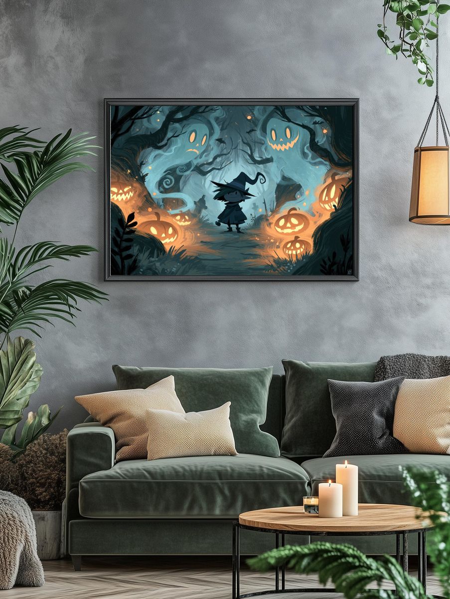 Spooky Pumpkin Forest Illustration Poster. — room view 4