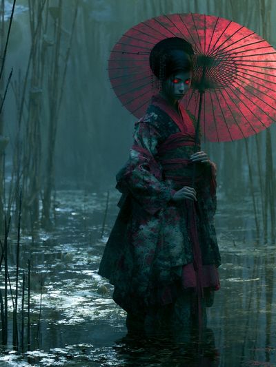 Mystic Geisha in Bamboo Forest Print. poster print