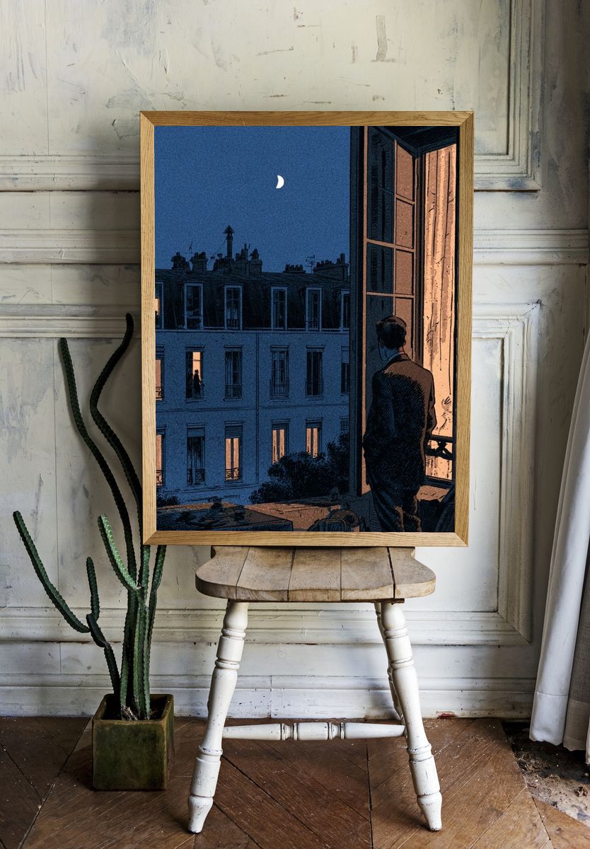 Moonlit Paris Window Illustration Poster. room preview