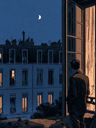 Moonlit Paris Window Illustration Poster.