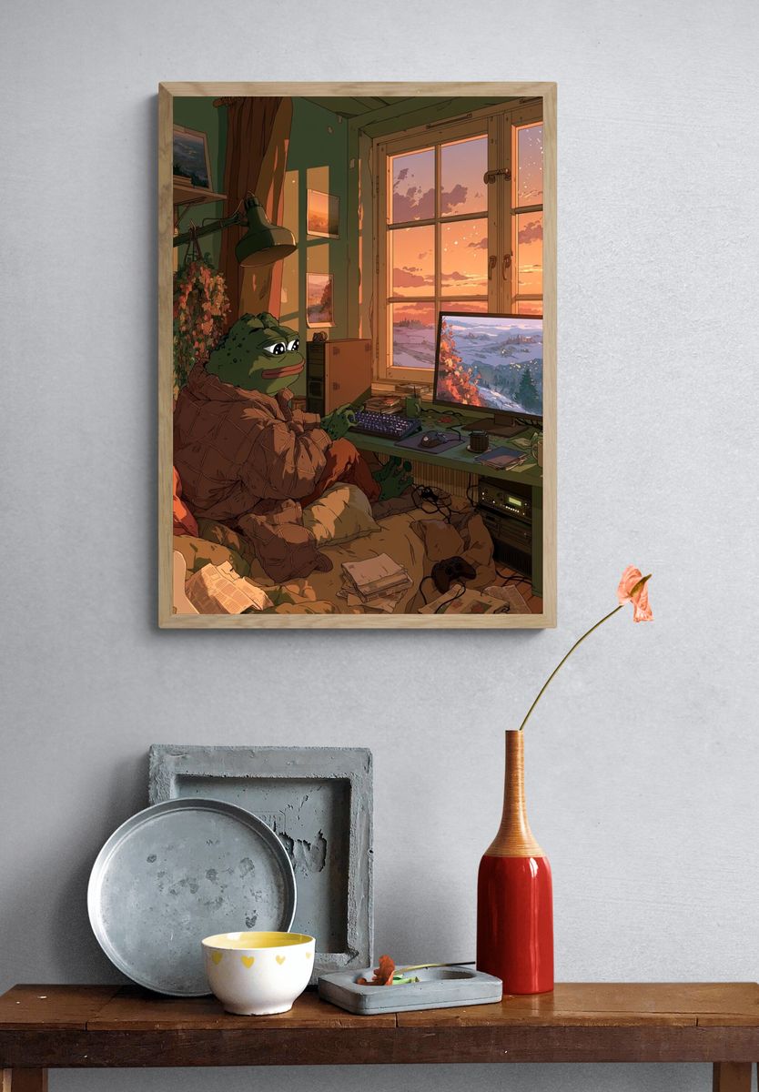 Cozy Frog Gamer Room Illustration Poster. — room view 3