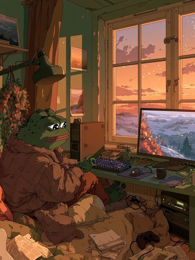 Cozy Frog Gamer Room Illustration Poster.