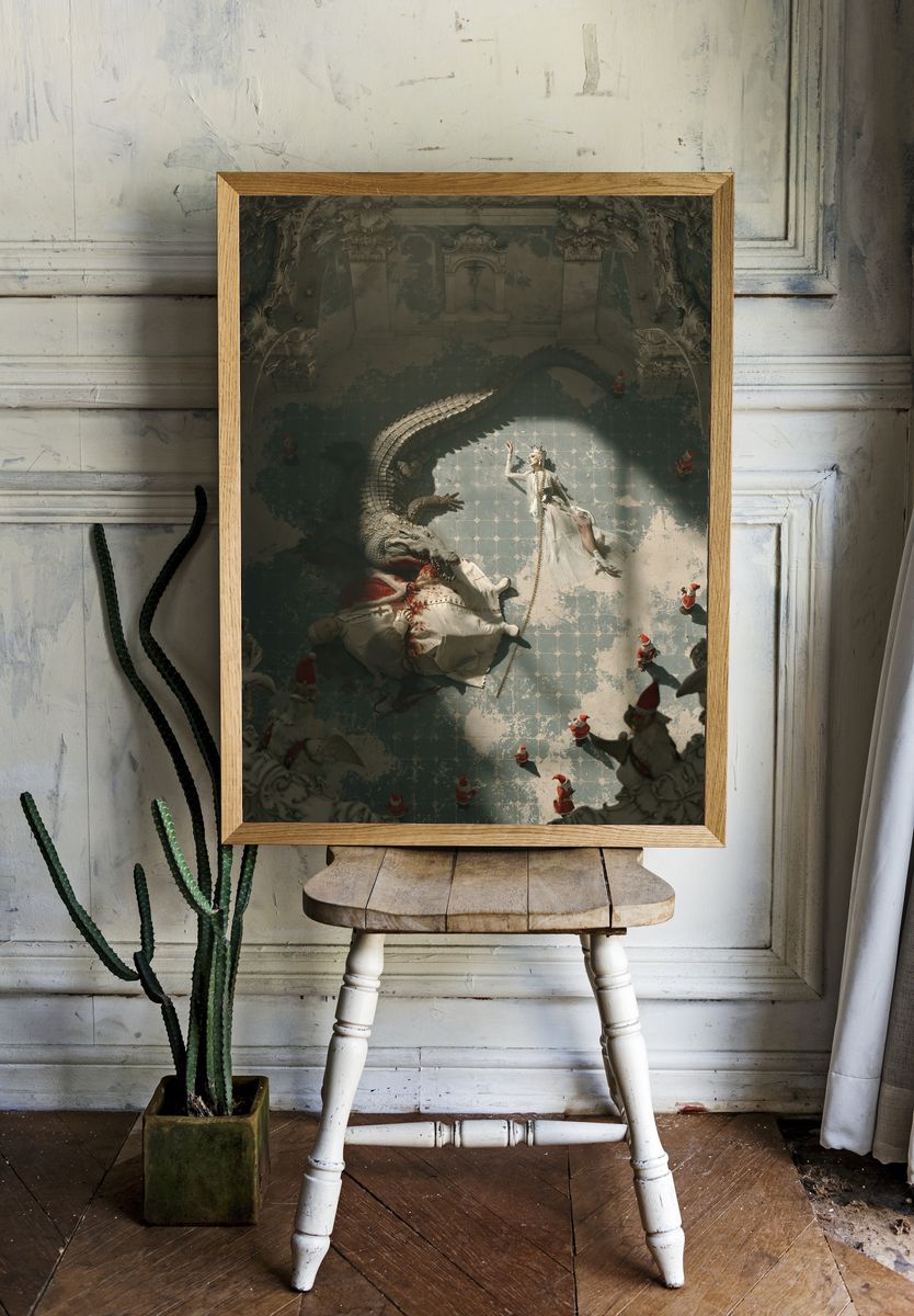 Surreal Dragon Court Illustration Print. room preview