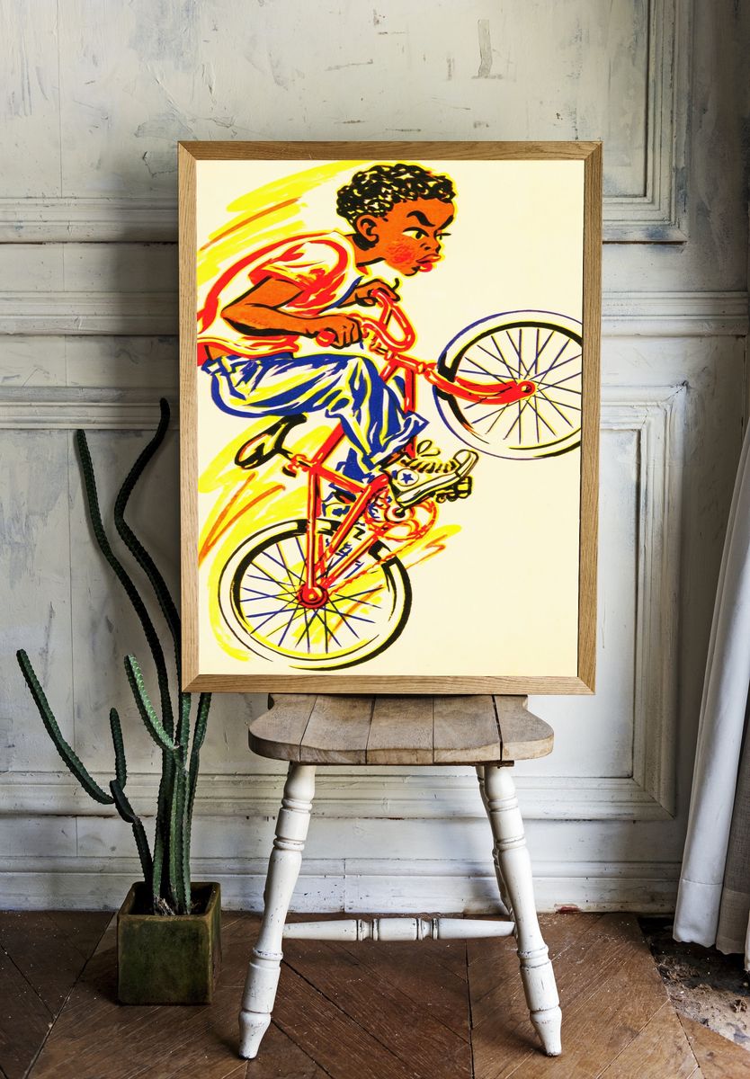 Boy on Bicycle Illustration Poster. — room view 1