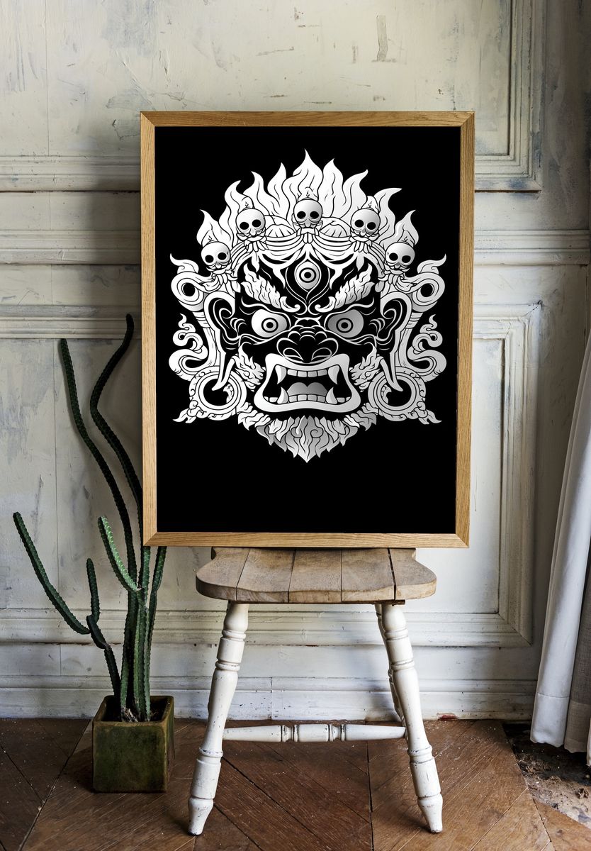 Demon Mask Line Art Poster. — room view 1