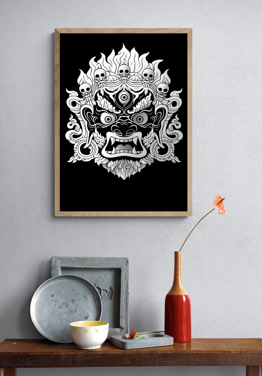 Demon Mask Line Art Poster. — room view 3