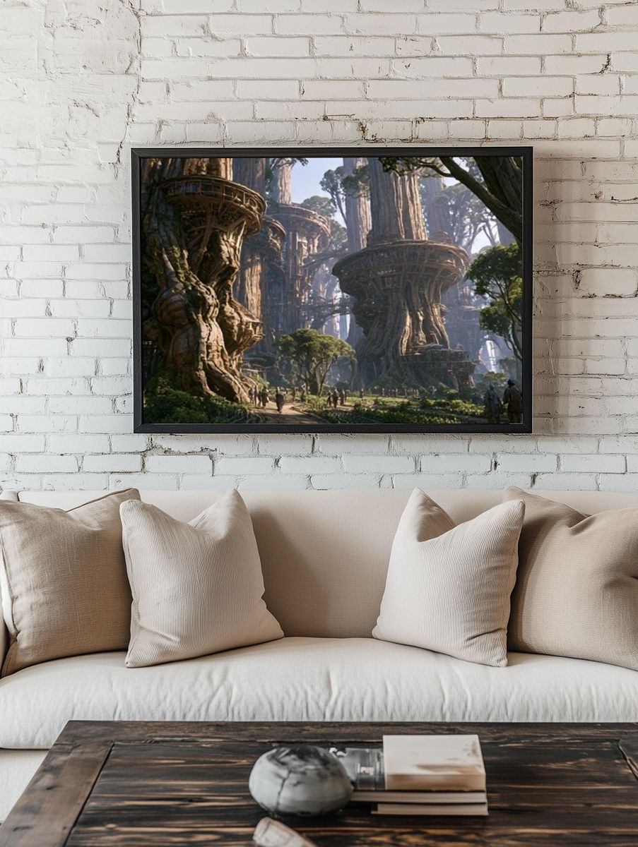Ancient Tree City Fantasy Print. room preview