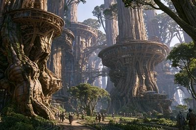 Ancient Tree City Fantasy Print. poster