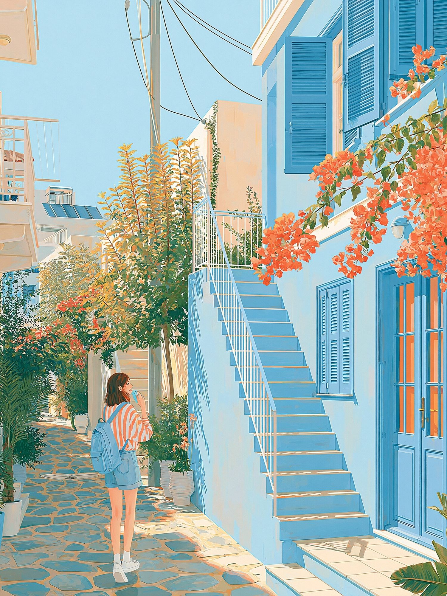 Sunlit Greek Alley Illustration Poster. poster detail