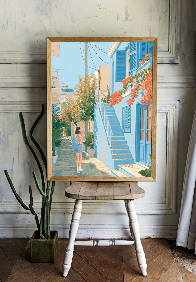 Sunlit Greek Alley Illustration Poster. room preview