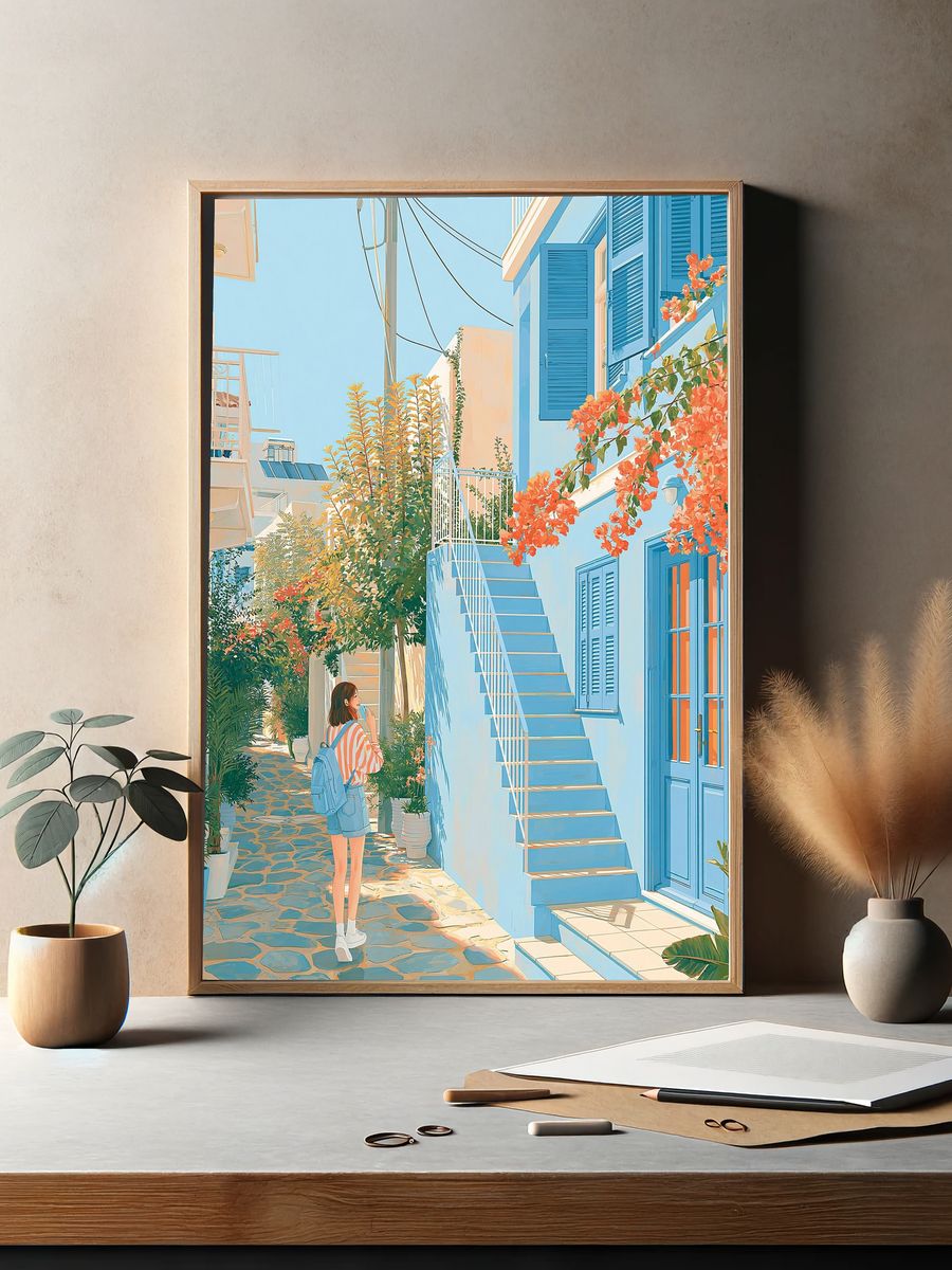 Sunlit Greek Alley Illustration Poster. — room view 2