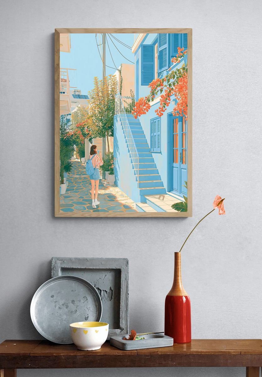 Sunlit Greek Alley Illustration Poster. — room view 3