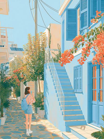 Sunlit Greek Alley Illustration Poster.