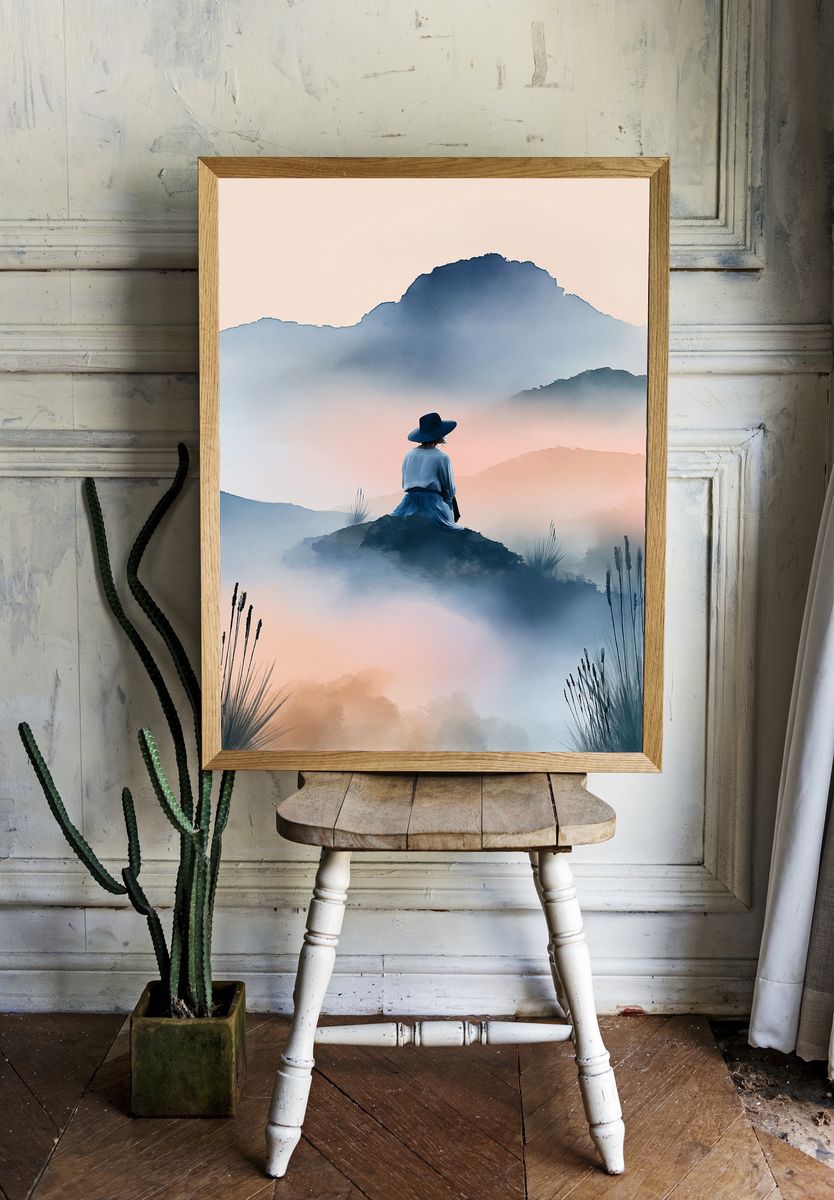 Misty Mountain Solitude Illustration Poster. room preview