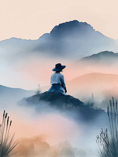 Misty Mountain Solitude Illustration Poster.