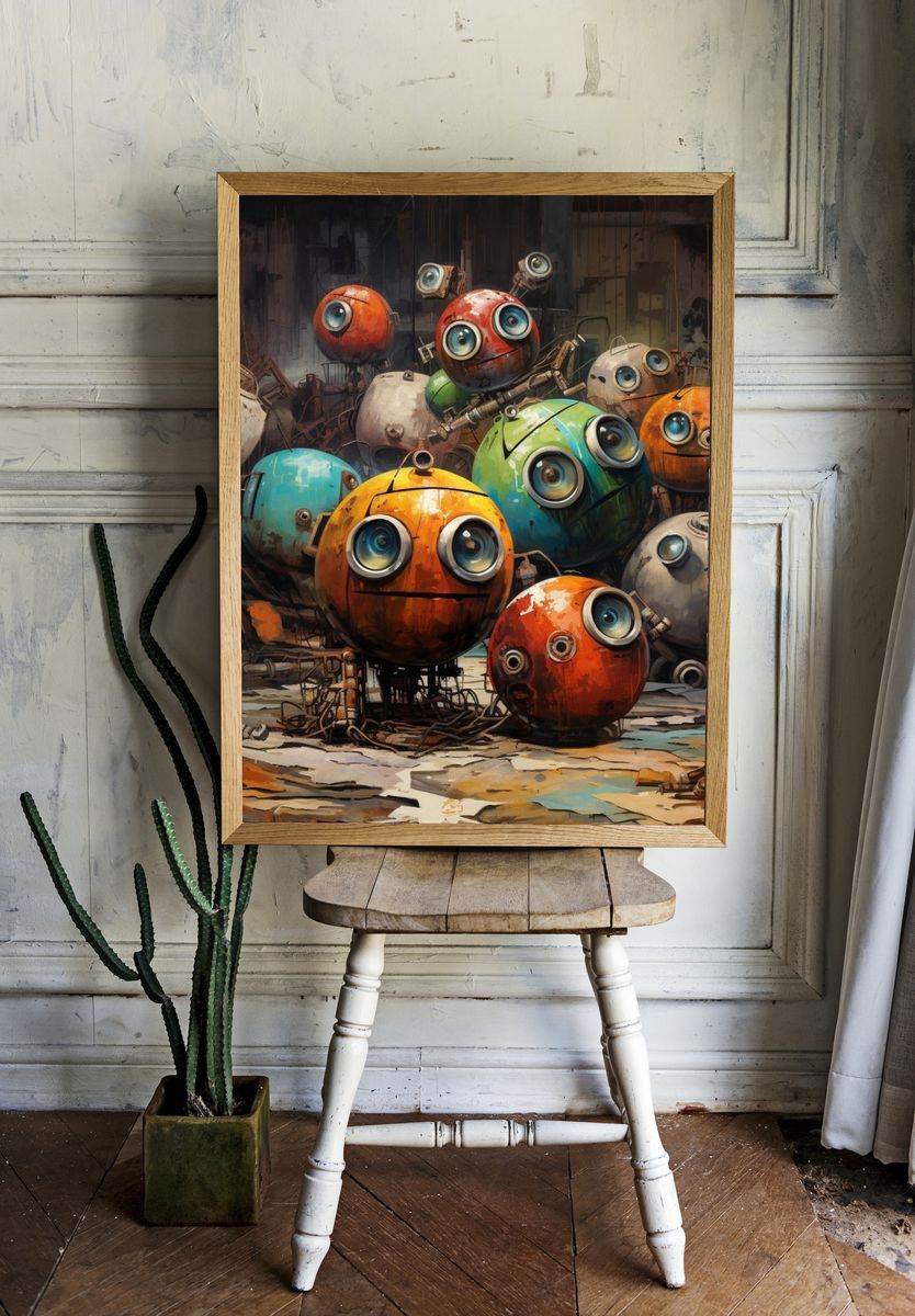 Whimsical Robot Faces Illustration Poster. — room view 1