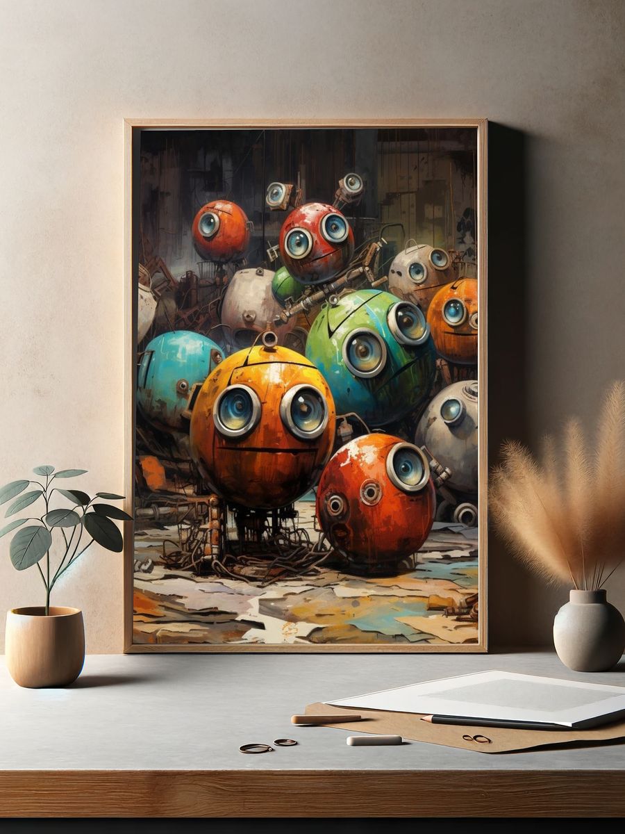 Whimsical Robot Faces Illustration Poster. — room view 2