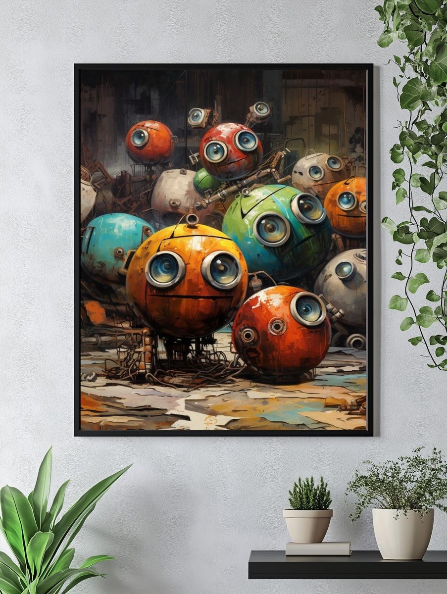 Whimsical Robot Faces Illustration Poster. — room view 4