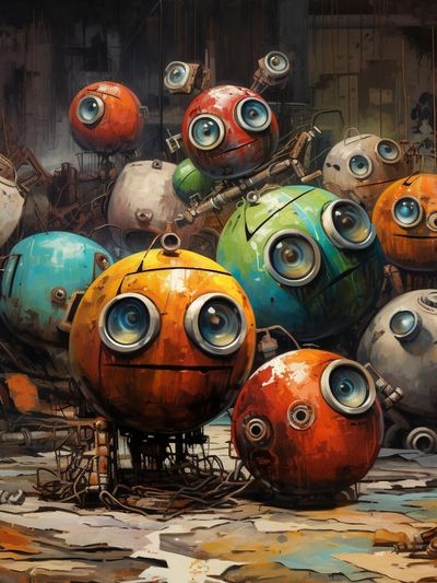 Whimsical Robot Faces Illustration Poster.