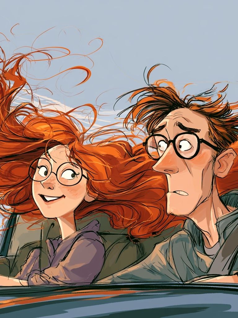 Windblown Car Ride Illustration Poster. poster detail