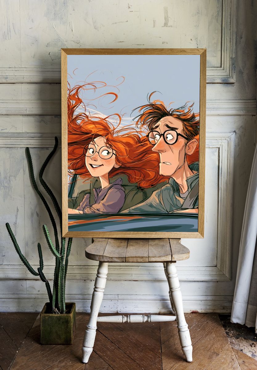 Windblown Car Ride Illustration Poster. room preview