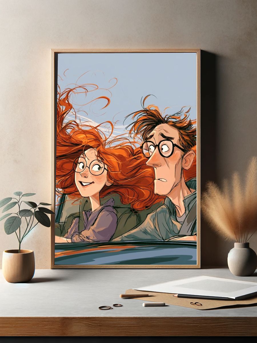 Windblown Car Ride Illustration Poster. — room view 2