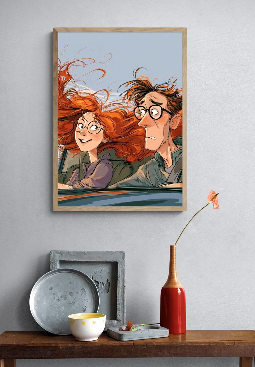 Windblown Car Ride Illustration Poster. — room view 3