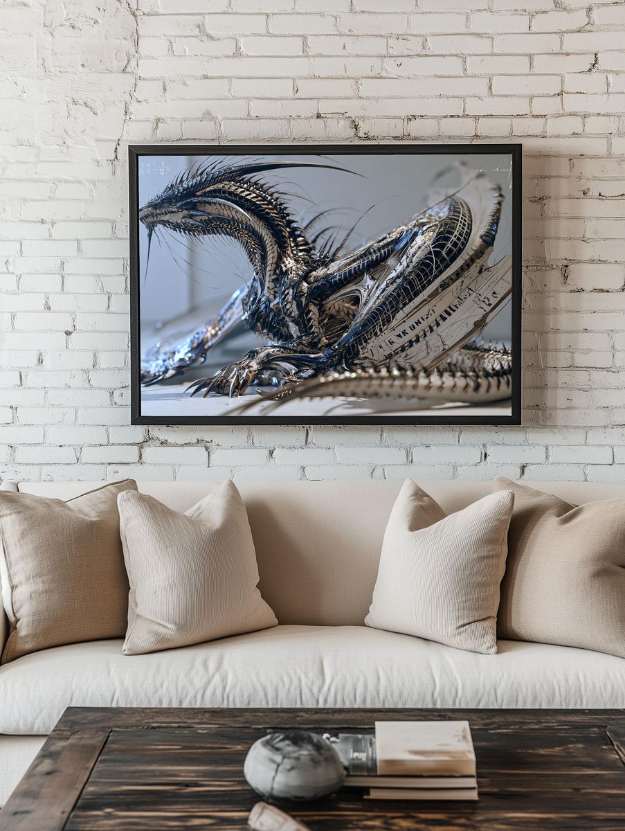 Chrome Dragon Sculpture Poster. room preview