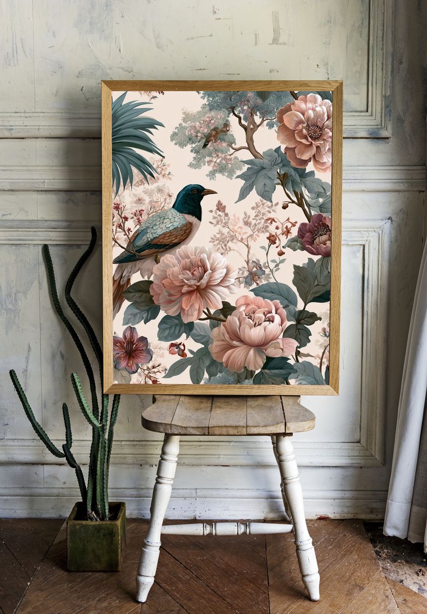 Tropical Bird and Floral Illustration Poster. room preview