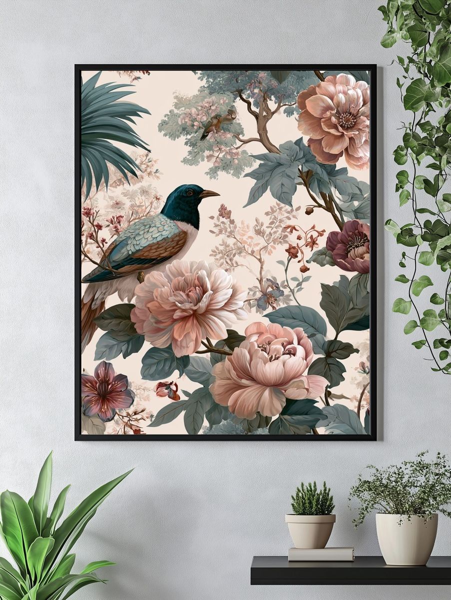 Tropical Bird and Floral Illustration Poster. — room view 4