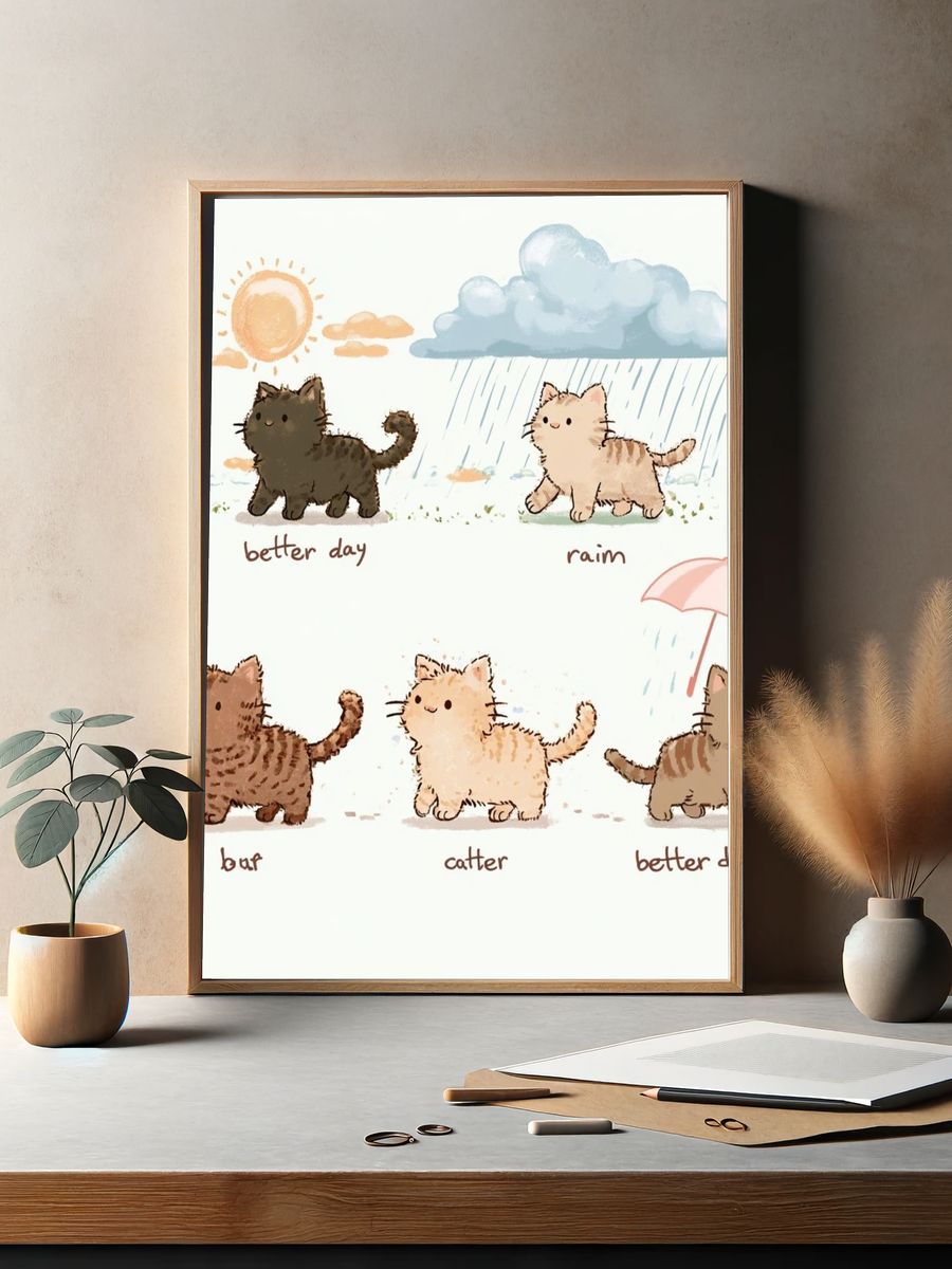 Cute Cats Weather Illustration Poster. — room view 2