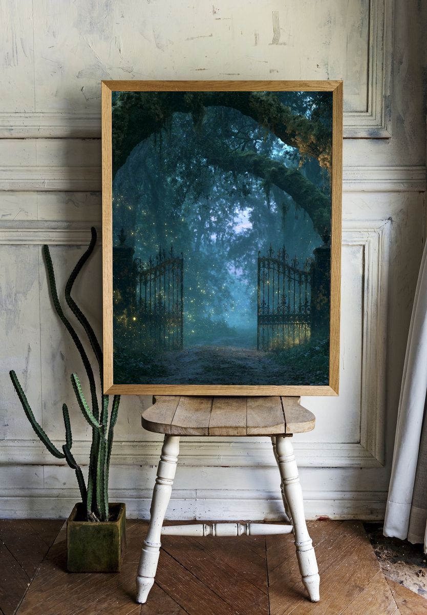 Enchanted Forest Gate Illustration Print. room preview