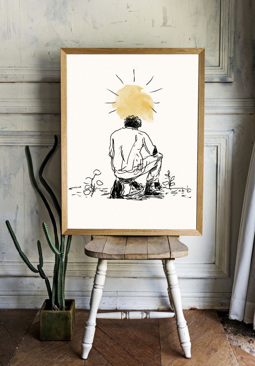 Meditative Figure Ink Print. room preview
