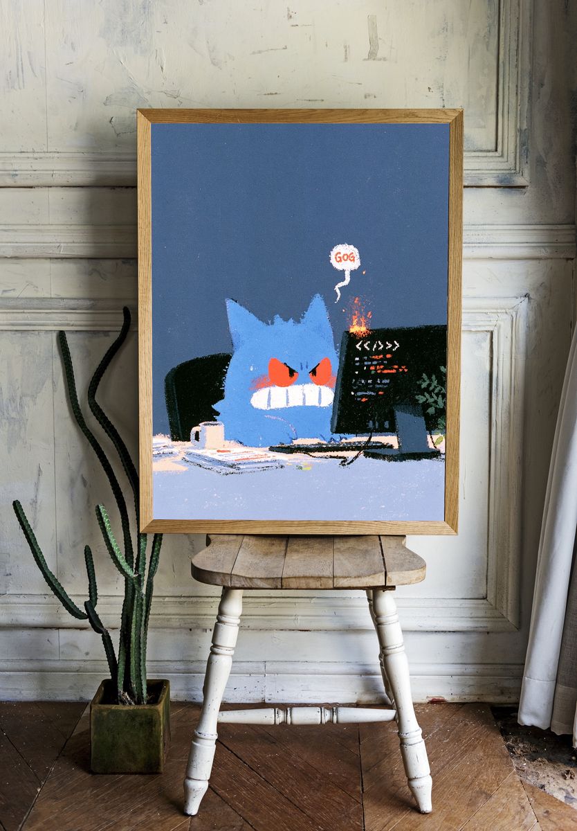 Angry Blue Cat Illustration Poster. room preview