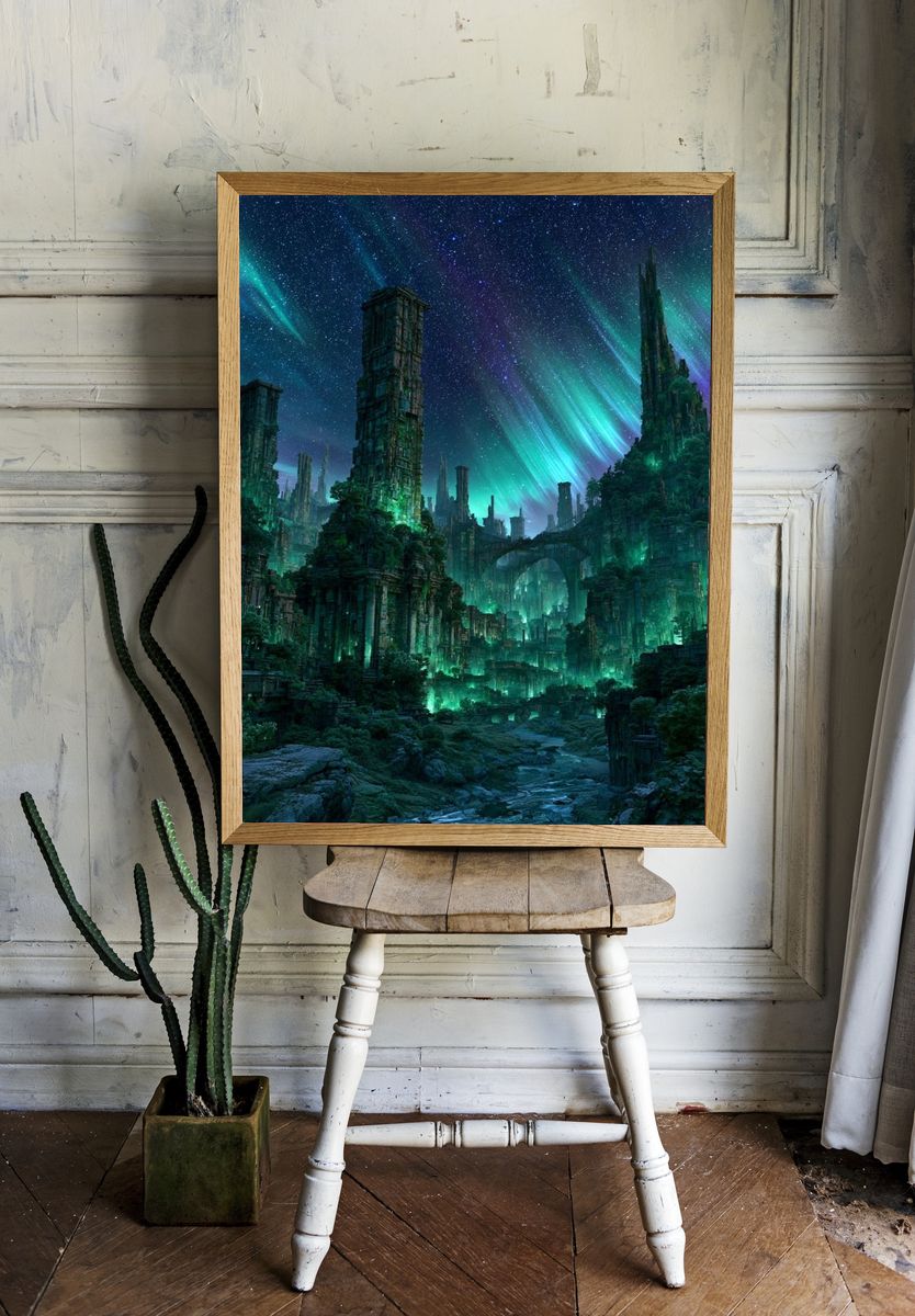 Aurora Ruins Fantasy Print. room preview