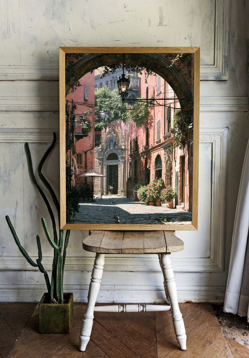 Italian Courtyard Street — Illustration Print. — room view 1