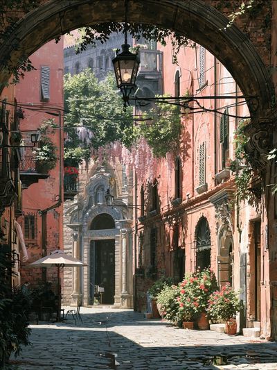 Italian Courtyard Street — Illustration Print. poster