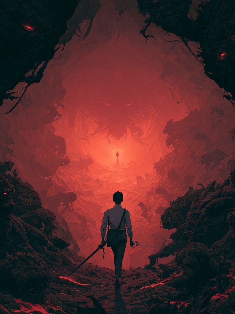 Red Cavern Explorer Illustration Poster. poster — illustration art