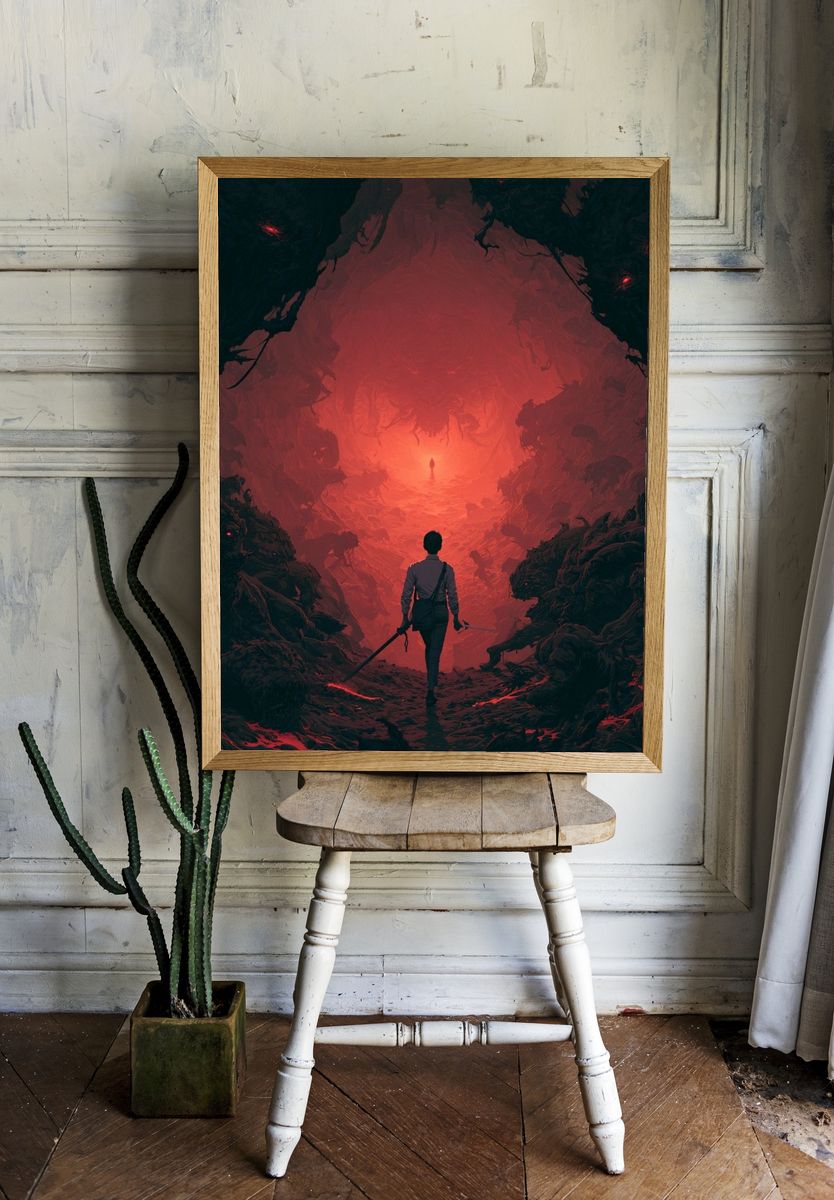 Red Cavern Explorer Illustration Poster. — room view 1