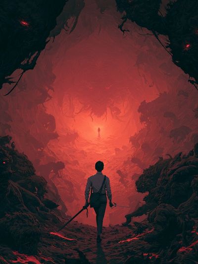 Red Cavern Explorer Illustration Poster.