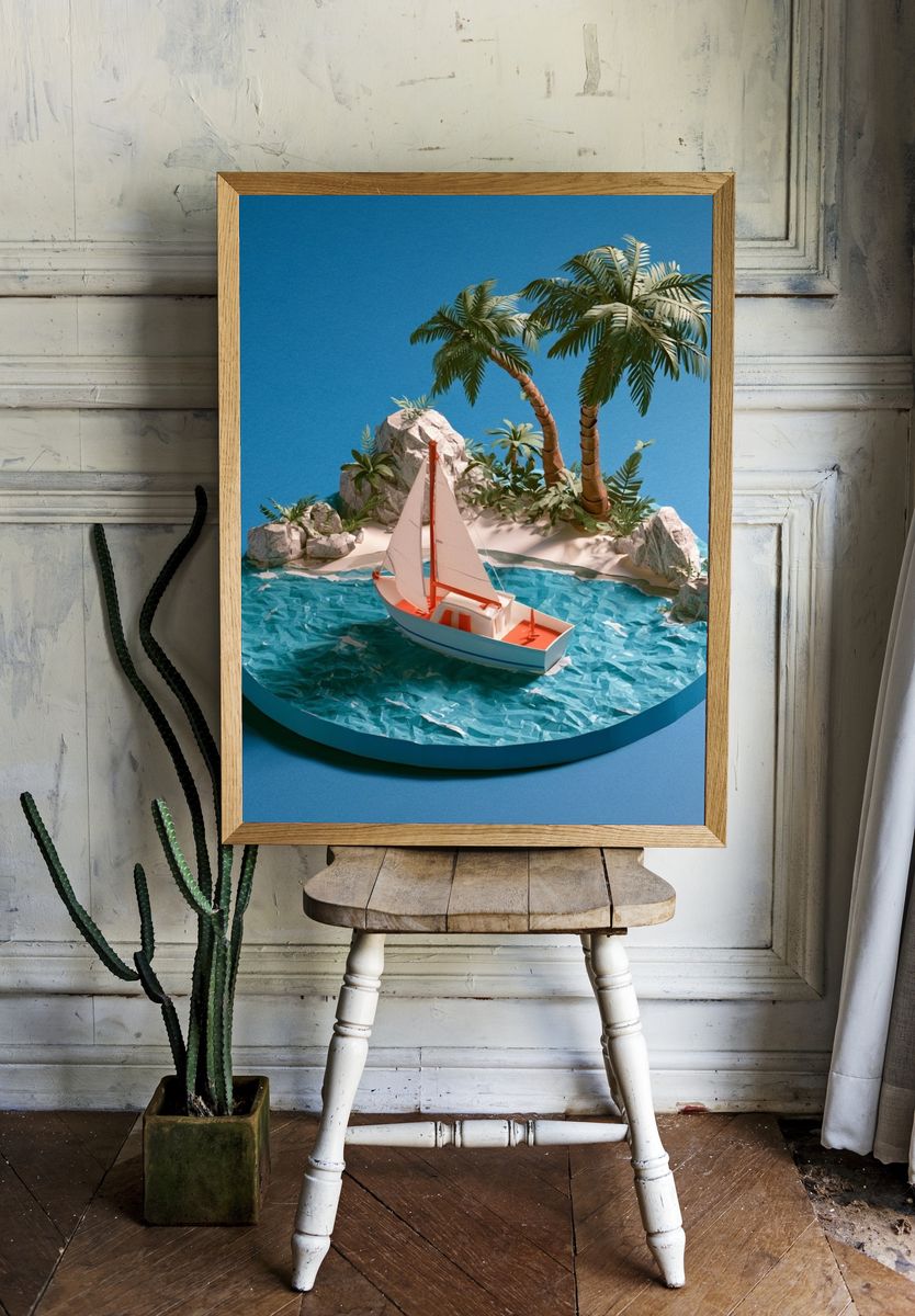 Tropical Sailboat Island Print. room preview